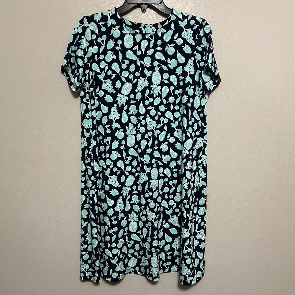 J. Jill Dress SP Navy Blue Green Short Sleeve A-Line Fruit Whimsical Novelty